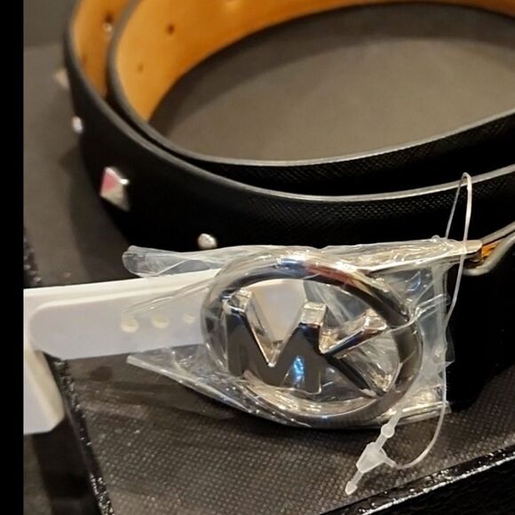 Michael Kors Studded Silver MK Logo Buckle Leather Belt